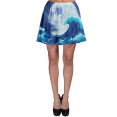 Waves Ocean Sea Tsunami Nautical Blue Skater Skirt by uniart180623