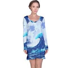 Waves Ocean Sea Tsunami Nautical Blue Long Sleeve Nightdress by uniart180623