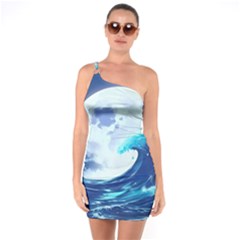 Waves Ocean Sea Tsunami Nautical Blue One Shoulder Ring Trim Bodycon Dress by uniart180623