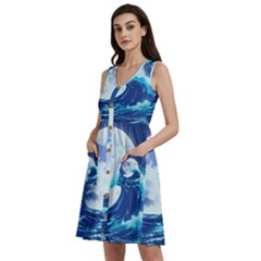 Waves Ocean Sea Tsunami Nautical Blue Sleeveless Dress With Pocket