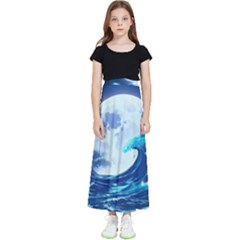 Waves Ocean Sea Tsunami Nautical Blue Kids  Flared Maxi Skirt
