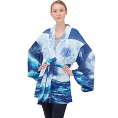 Waves Ocean Sea Tsunami Nautical Blue Long Sleeve Velvet Kimono  by uniart180623