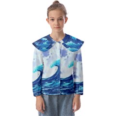 Waves Ocean Sea Tsunami Nautical Blue Kids  Peter Pan Collar Blouse by uniart180623