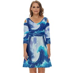 Waves Ocean Sea Tsunami Nautical Blue Shoulder Cut Out Zip Up Dress by uniart180623