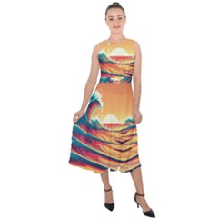 Waves Ocean Sea Tsunami Nautical Art Nature Midi Tie-back Chiffon Dress