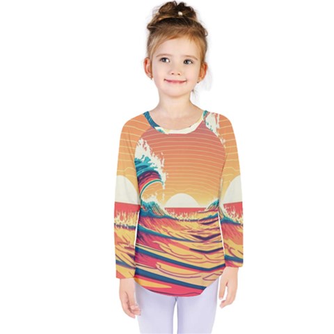 Waves Ocean Sea Tsunami Nautical Art Nature Kids  Long Sleeve Tee by uniart180623