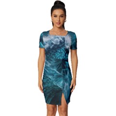 Tsunami Waves Ocean Sea Water Rough Seas Fitted Knot Split End Bodycon Dress