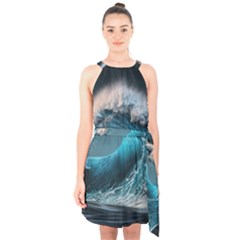 Tsunami Waves Ocean Sea Water Rough Seas Halter Collar Waist Tie Chiffon Dress by uniart180623