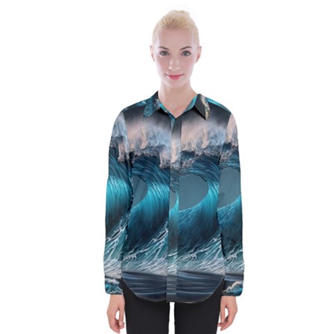 Tsunami Waves Ocean Sea Water Rough Seas Womens Long Sleeve Shirt by uniart180623