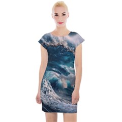 Tsunami Waves Ocean Sea Water Rough Seas Cap Sleeve Bodycon Dress