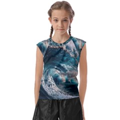 Tsunami Waves Ocean Sea Water Rough Seas Kids  Raglan Cap Sleeve Tee by uniart180623