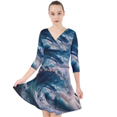 Tsunami Waves Ocean Sea Water Rough Seas Quarter Sleeve Front Wrap Dress by uniart180623