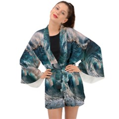 Tsunami Waves Ocean Sea Water Rough Seas Long Sleeve Kimono by uniart180623