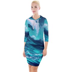 Tsunami Tidal Wave Ocean Waves Sea Nature Water Quarter Sleeve Hood Bodycon Dress by uniart180623