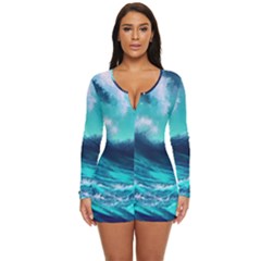 Tsunami Tidal Wave Ocean Waves Sea Nature Water Long Sleeve Boyleg Swimsuit by uniart180623