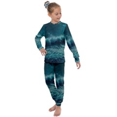 Waves Ocean Sea Tsunami Nautical Blue Sea Art Kids  Long Sleeve Set 