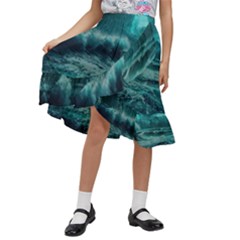 Waves Ocean Sea Tsunami Nautical Blue Sea Art Kids  Ruffle Flared Wrap Midi Skirt