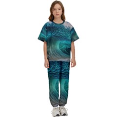 Tsunami Waves Ocean Sea Water Rough Seas Kids  Tee And Pants Sports Set