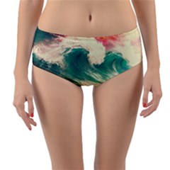 Storm Tsunami Waves Ocean Sea Nautical Nature Painting Reversible Mid-waist Bikini Bottoms by uniart180623