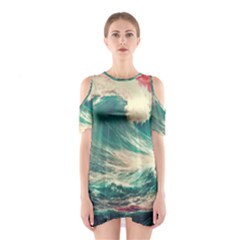 Storm Tsunami Waves Ocean Sea Nautical Nature Painting Shoulder Cutout One Piece Dress by uniart180623