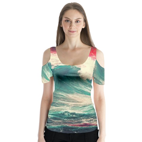 Storm Tsunami Waves Ocean Sea Nautical Nature Painting Butterfly Sleeve Cutout Tee  by uniart180623