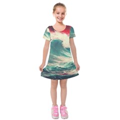 Storm Tsunami Waves Ocean Sea Nautical Nature Painting Kids  Short Sleeve Velvet Dress by uniart180623