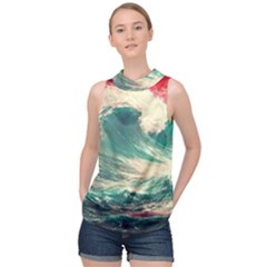 Storm Tsunami Waves Ocean Sea Nautical Nature Painting High Neck Satin Top by uniart180623