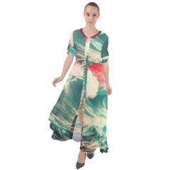 Storm Tsunami Waves Ocean Sea Nautical Nature Painting Waist Tie Boho Maxi Dress