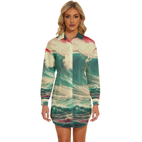 Storm Tsunami Waves Ocean Sea Nautical Nature Painting Womens Long Sleeve Shirt Dress by uniart180623