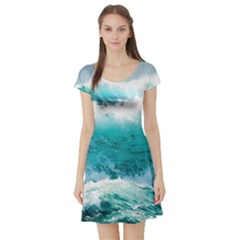 Waves Ocean Sea Tsunami Nautical Blue Sea Short Sleeve Skater Dress by uniart180623