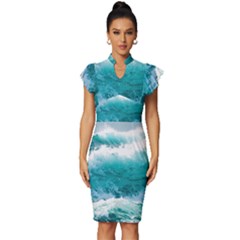 Waves Ocean Sea Tsunami Nautical Blue Sea Vintage Frill Sleeve V-neck Bodycon Dress by uniart180623