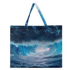 Thunderstorm Storm Tsunami Waves Ocean Sea Zipper Large Tote Bag by uniart180623