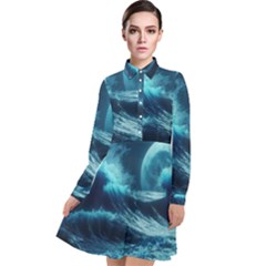 Moonlight High Tide Storm Tsunami Waves Ocean Sea Long Sleeve Chiffon Shirt Dress by uniart180623