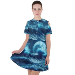 Moonlight High Tide Storm Tsunami Waves Ocean Sea Short Sleeve Shoulder Cut Out Dress  by uniart180623