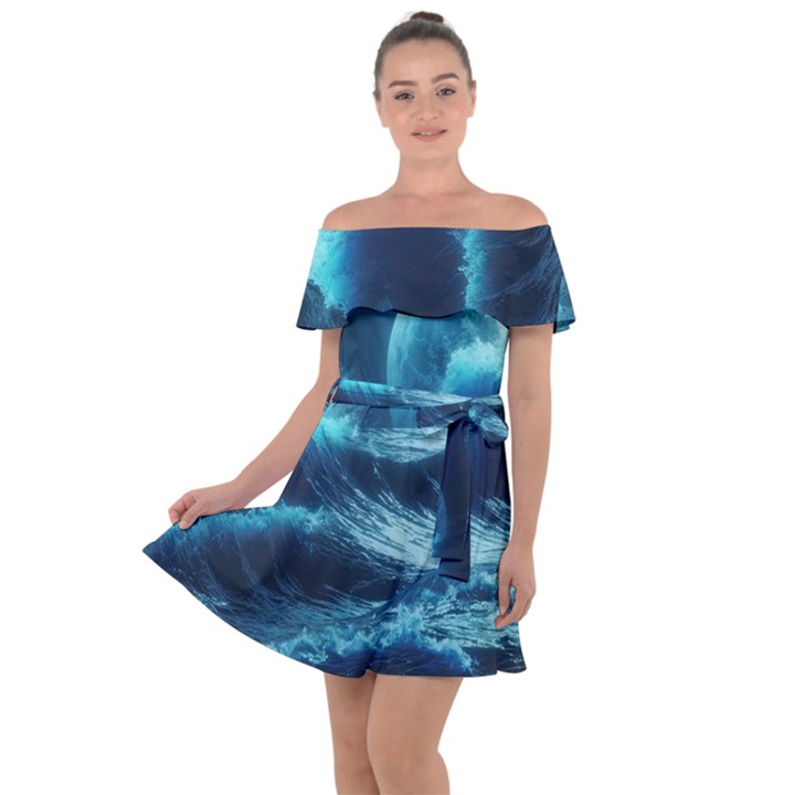 Moonlight High Tide Storm Tsunami Waves Ocean Sea Off Shoulder Velour Dress