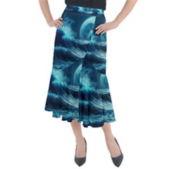 Moonlight High Tide Storm Tsunami Waves Ocean Sea Midi Mermaid Skirt by uniart180623