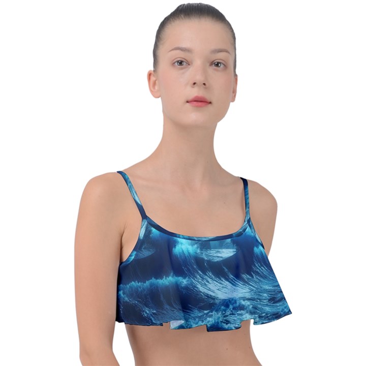 Moonlight High Tide Storm Tsunami Waves Ocean Sea Frill Bikini Top