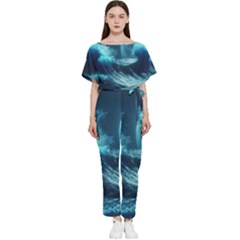 Moonlight High Tide Storm Tsunami Waves Ocean Sea Batwing Lightweight Chiffon Jumpsuit by uniart180623