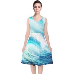 Tsunami Waves Ocean Sea Nautical Nature Water Nature V-neck Midi Sleeveless Dress 