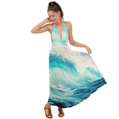 Tsunami Waves Ocean Sea Nautical Nature Water Nature Backless Maxi Beach Dress by uniart180623
