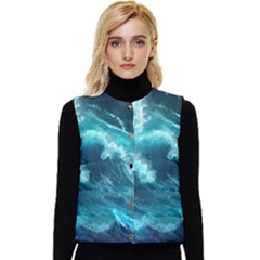 Thunderstorm Tsunami Tidal Wave Ocean Waves Sea Women s Button Up Puffer Vest by uniart180623