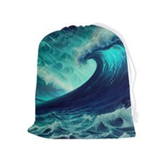 Ai Generated Waves Ocean Sea Tsunami Nautical Fantasy Drawstring Pouch (xl) by uniart180623