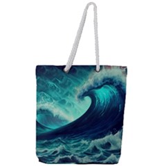 Ai Generated Waves Ocean Sea Tsunami Nautical Fantasy Full Print Rope Handle Tote (large) by uniart180623