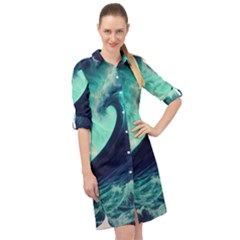 Ai Generated Waves Ocean Sea Tsunami Nautical Fantasy Long Sleeve Mini Shirt Dress