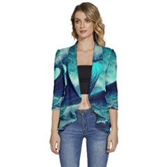 Ai Generated Waves Ocean Sea Tsunami Nautical Fantasy Women s 3/4 Sleeve Ruffle Edge Open Front Jacket by uniart180623