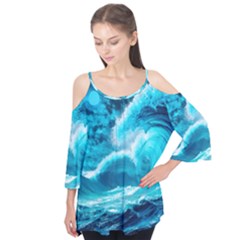 Ai Generated Waves Ocean Sea Tsunami Nautical Sea Flutter Sleeve Tee 