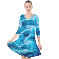 Ai Generated Waves Ocean Sea Tsunami Nautical Sea Quarter Sleeve Front Wrap Dress by uniart180623