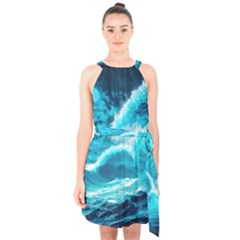 Ai Generated Waves Ocean Sea Tsunami Nautical Sea Halter Collar Waist Tie Chiffon Dress by uniart180623
