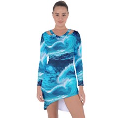 Ai Generated Waves Ocean Sea Tsunami Nautical Sea Asymmetric Cut-out Shift Dress by uniart180623
