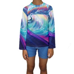 Waves Ocean Sea Tsunami Nautical Nature Water Kids  Long Sleeve Swimwear